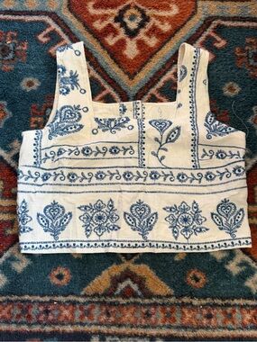 Joie White Tank with Blue Embroidered Scrolls